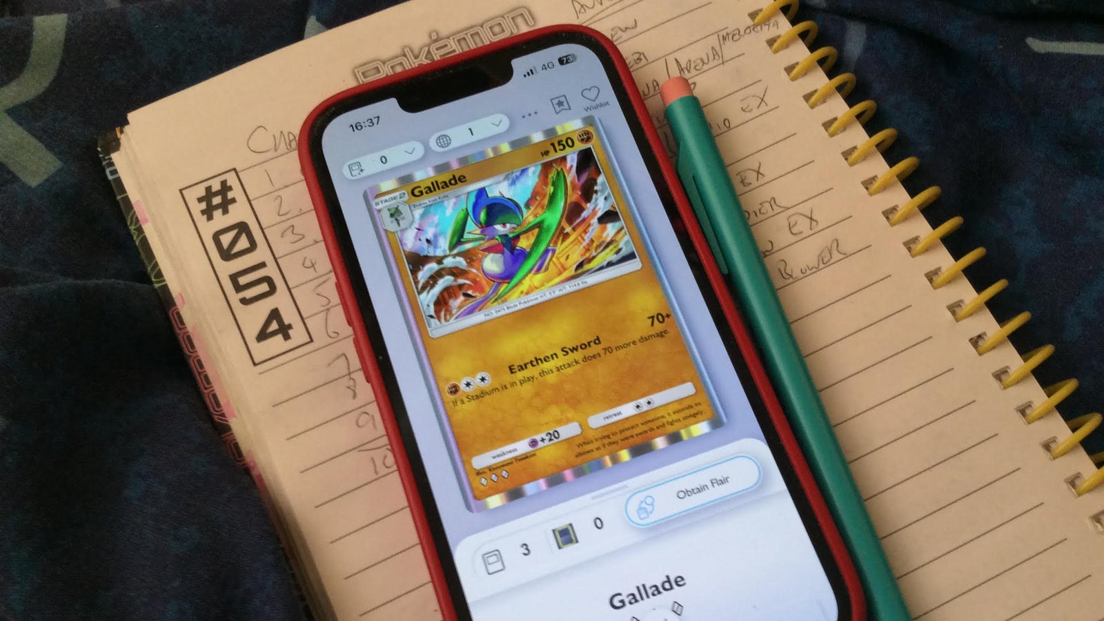 Pokemon TCG Pocket Pulsing Aura Gallade card on iPhone indoors