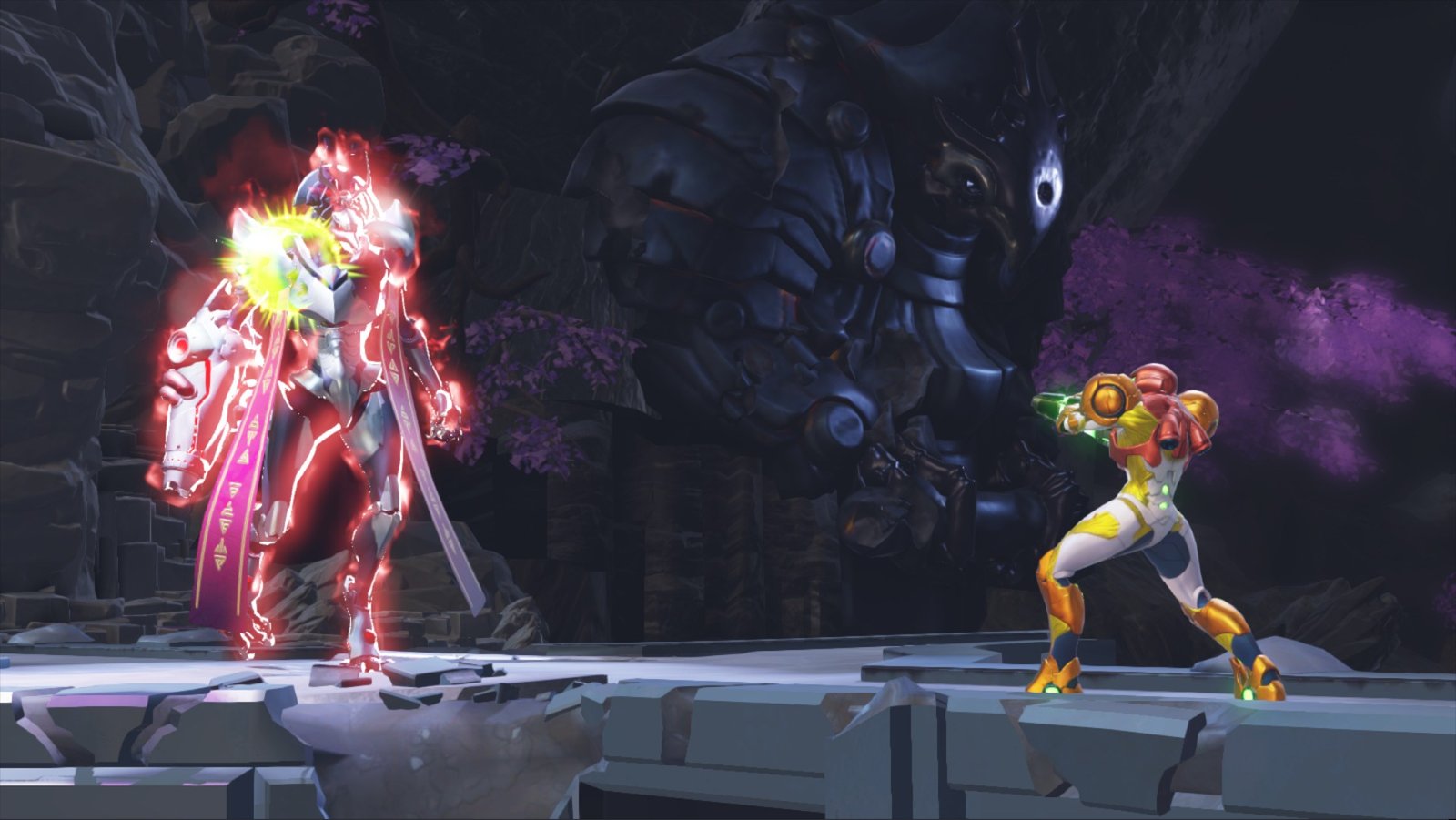 Screenshot of Metroid Dread's opening cutscene, with Samus firing at Raven Beak.