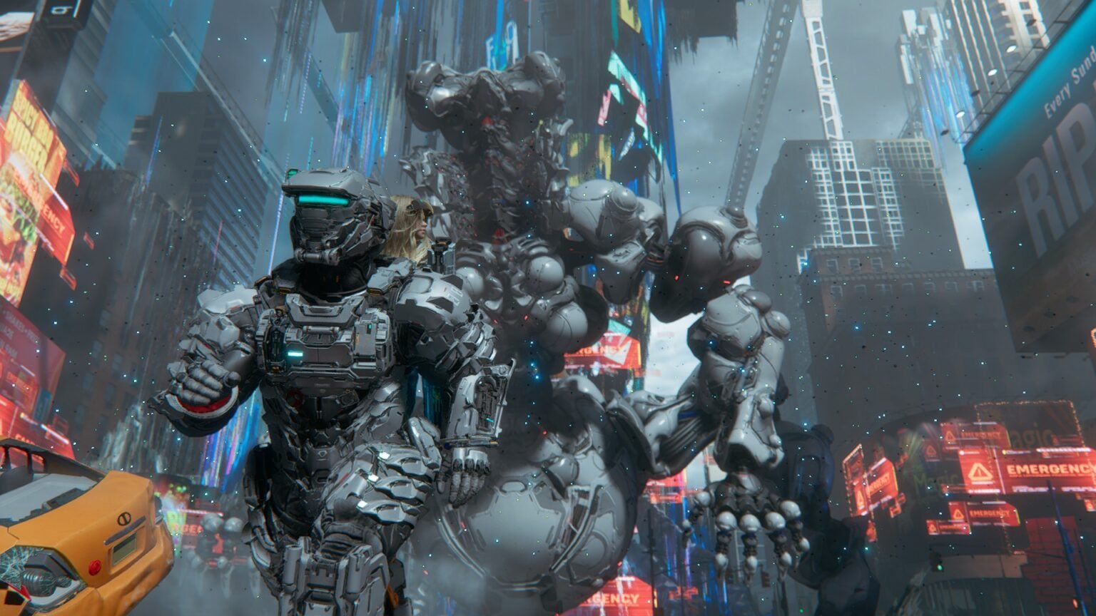 Pragmata Hugh and Diana running away from a big boss