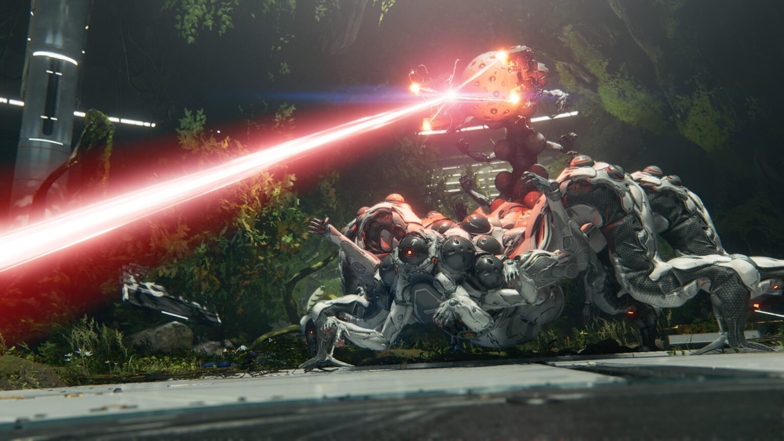 A scorpion-like robot shooting lasers in Pragmata