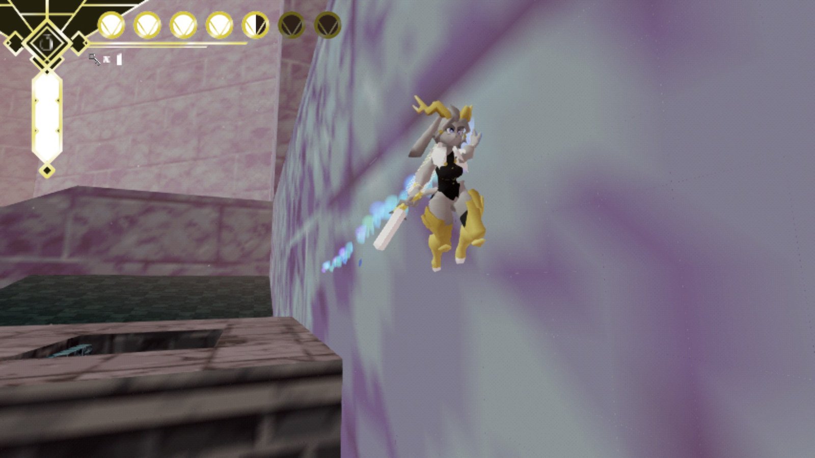 Screenshot of Pseudoregalia with Sybil sliding on a wall.