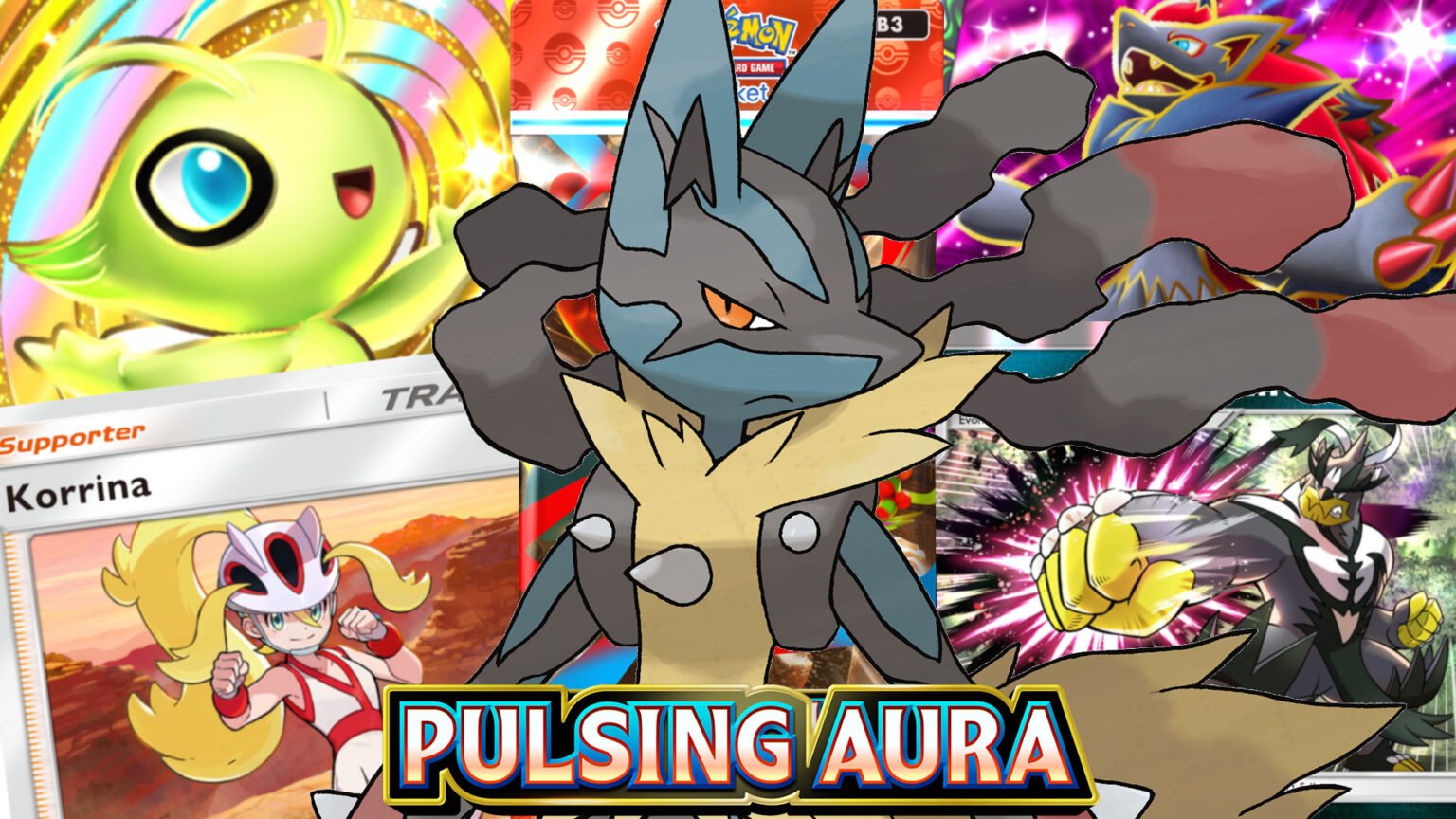 Pokemon TCG Pocket Pulsing Aura collage image featuring Mega Lucario, Celebi, Korrina, Urshifu, and Zoroark
