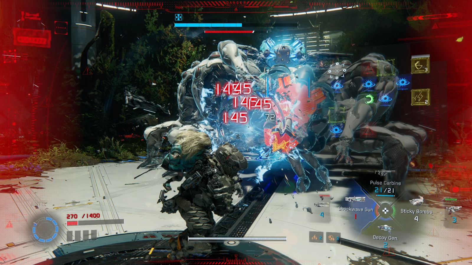 Hugh shoots a shotgun at a scorpion boss in Pragmata