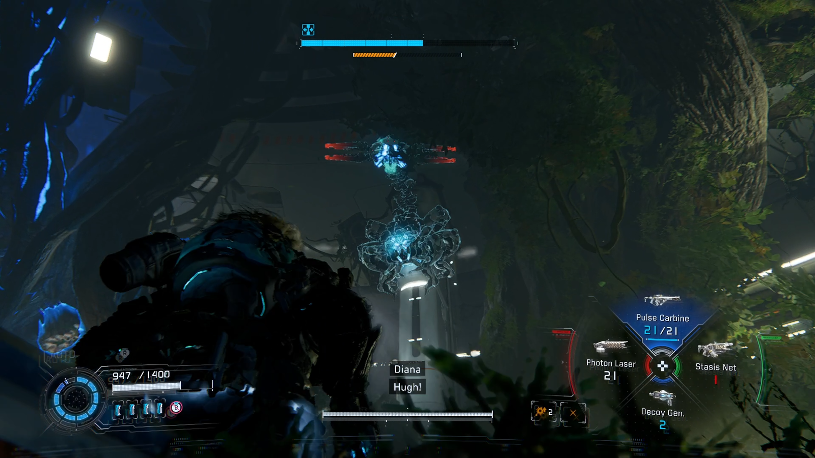 A scorpion robot clings to the wall in Pragmata