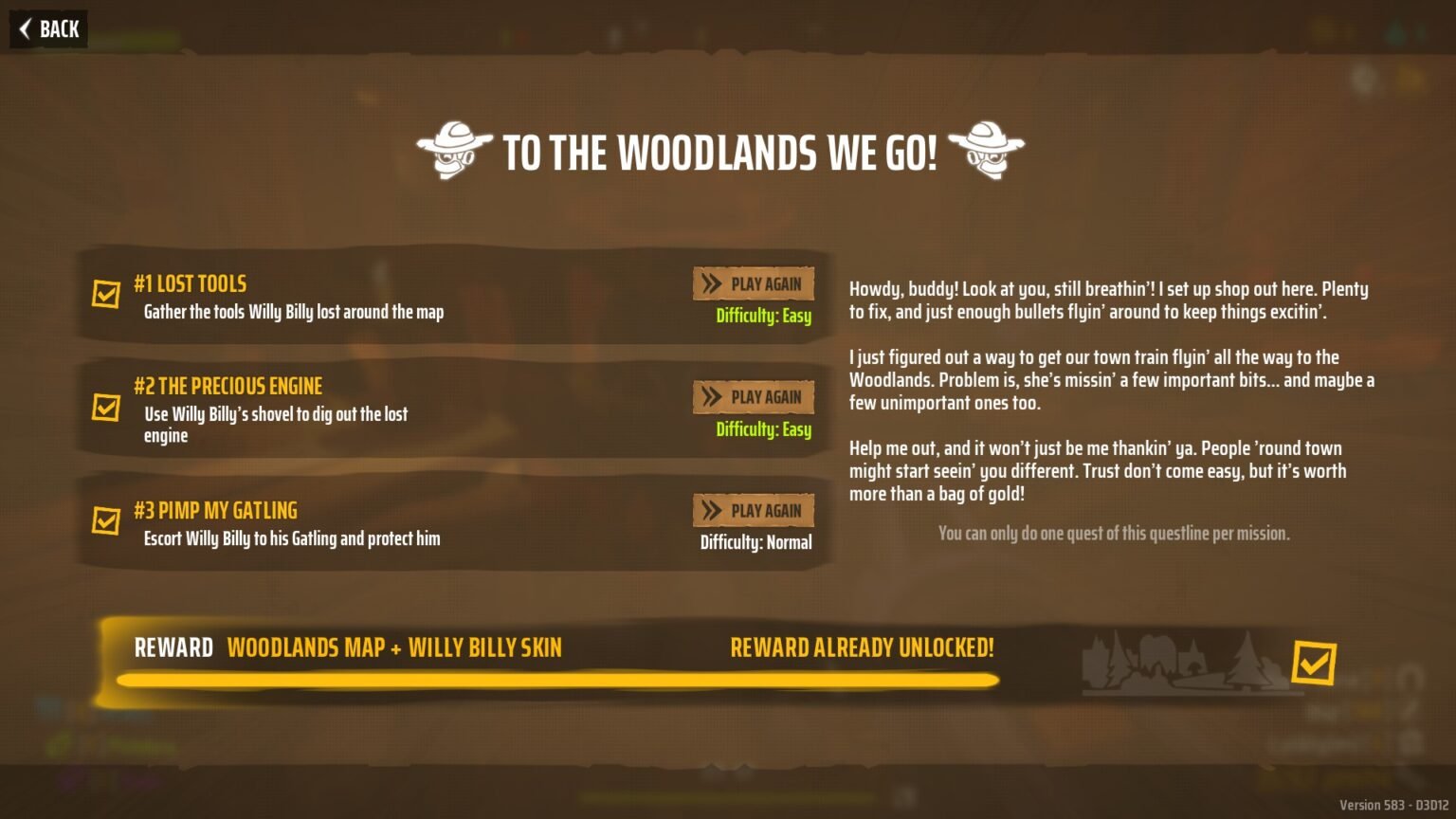 Willy Billy's Quest menu in Far Far West