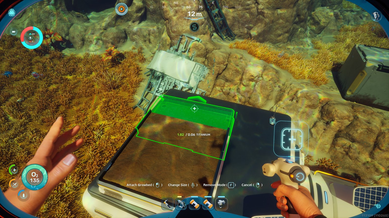 Someone building a growbed on top of a building in the game Subnautica 2.