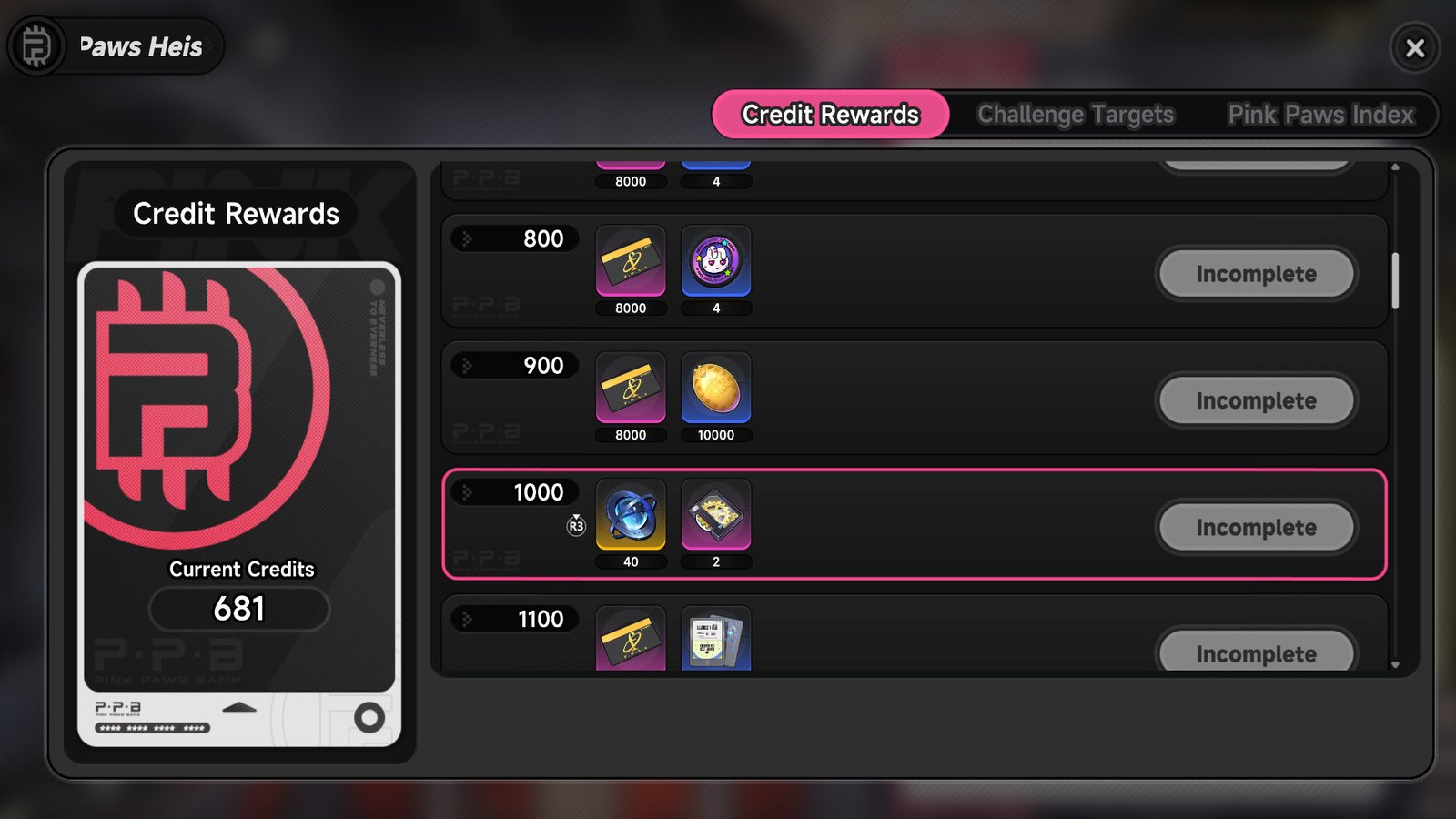Neverness to Everness Pink Paws Heist credit menu