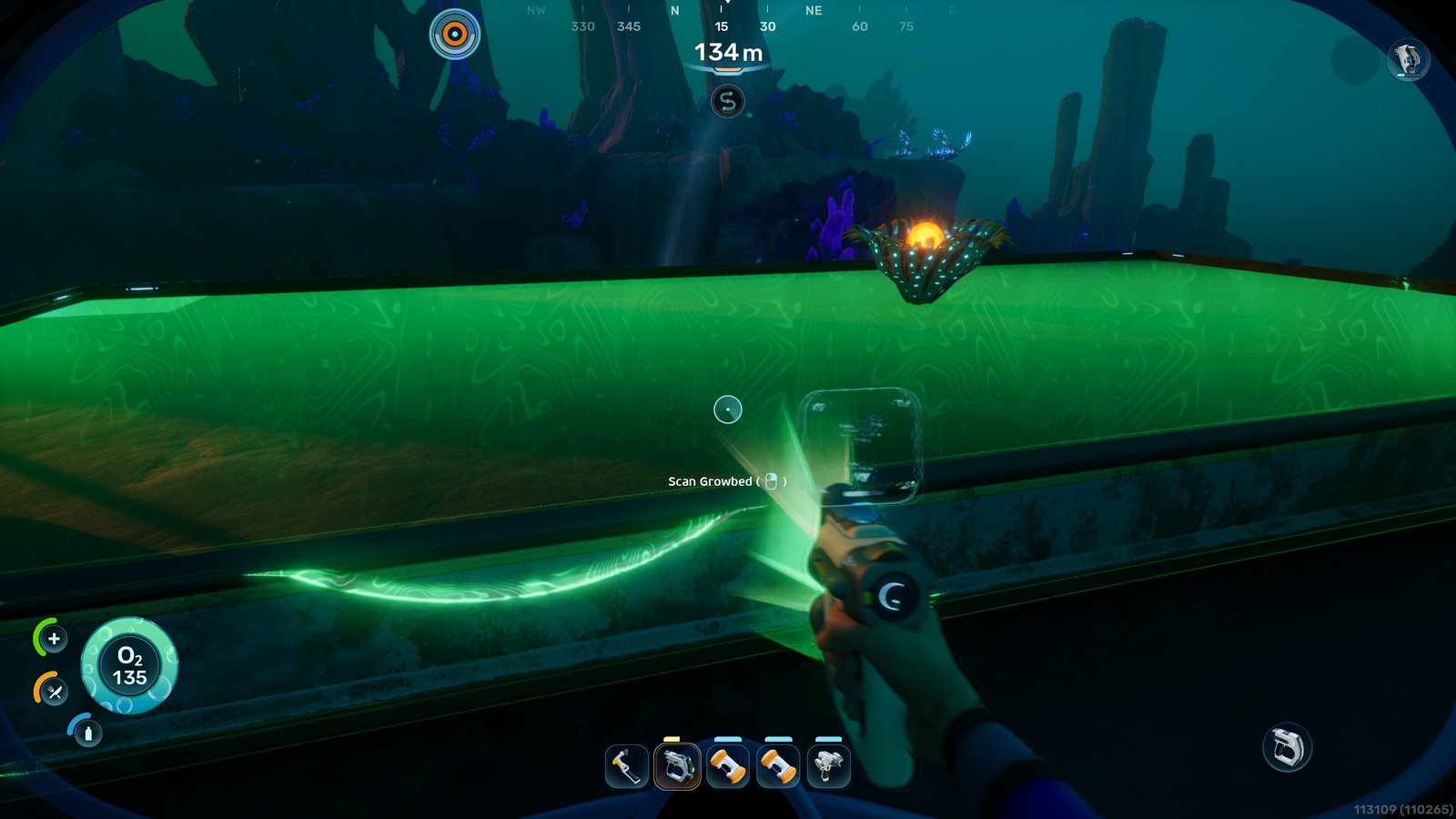 A building with growbeds on top, and a human scanning the growbed, in the game Subnautica 2.