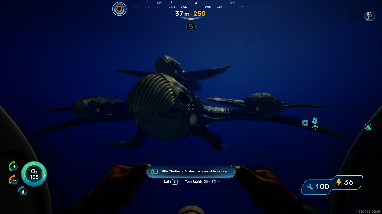 One giant shark sea monster with three more riding it in jet back sea water.