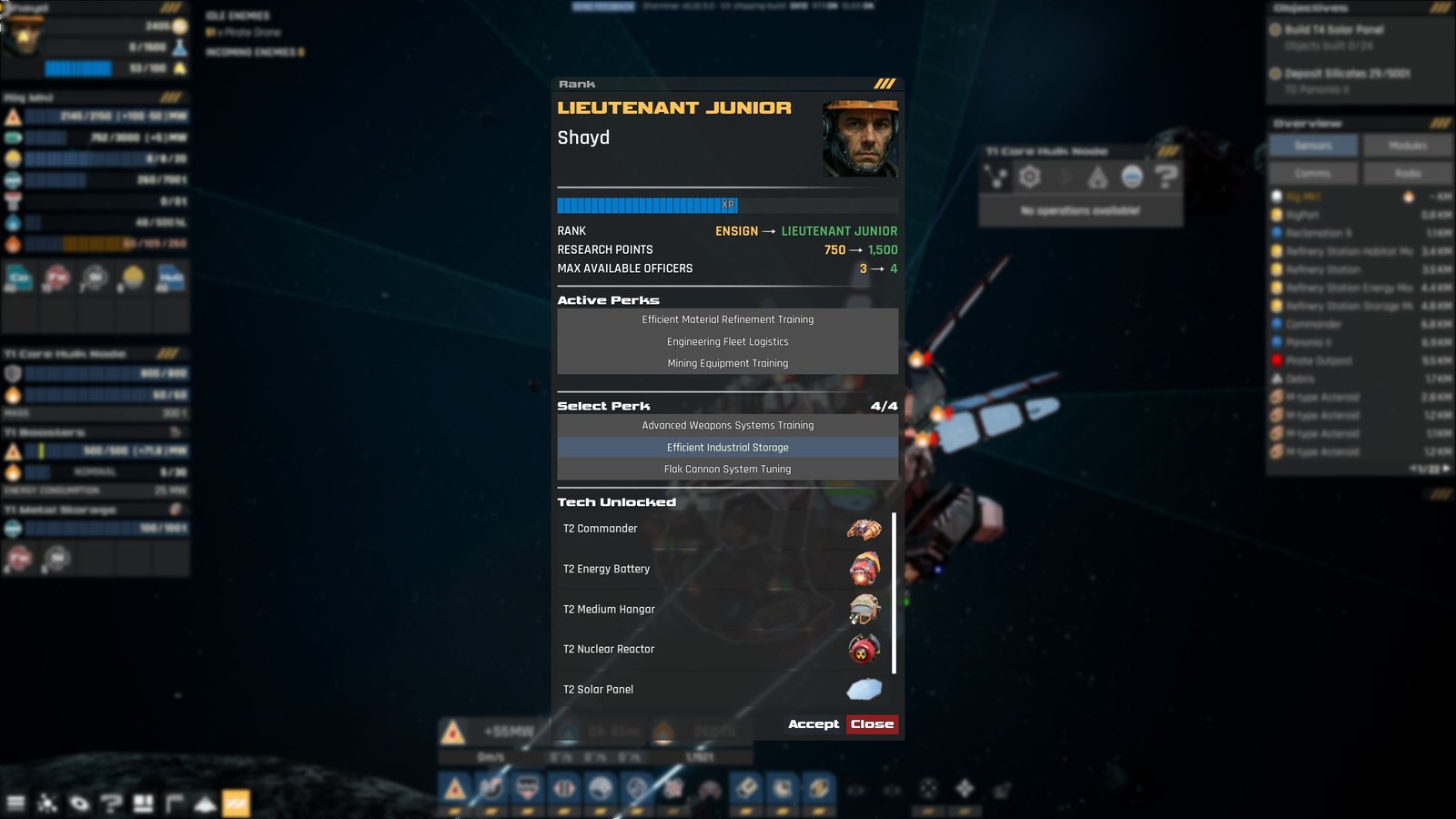 Levelling up screen on Starminer with a panel showing what items can be researched.