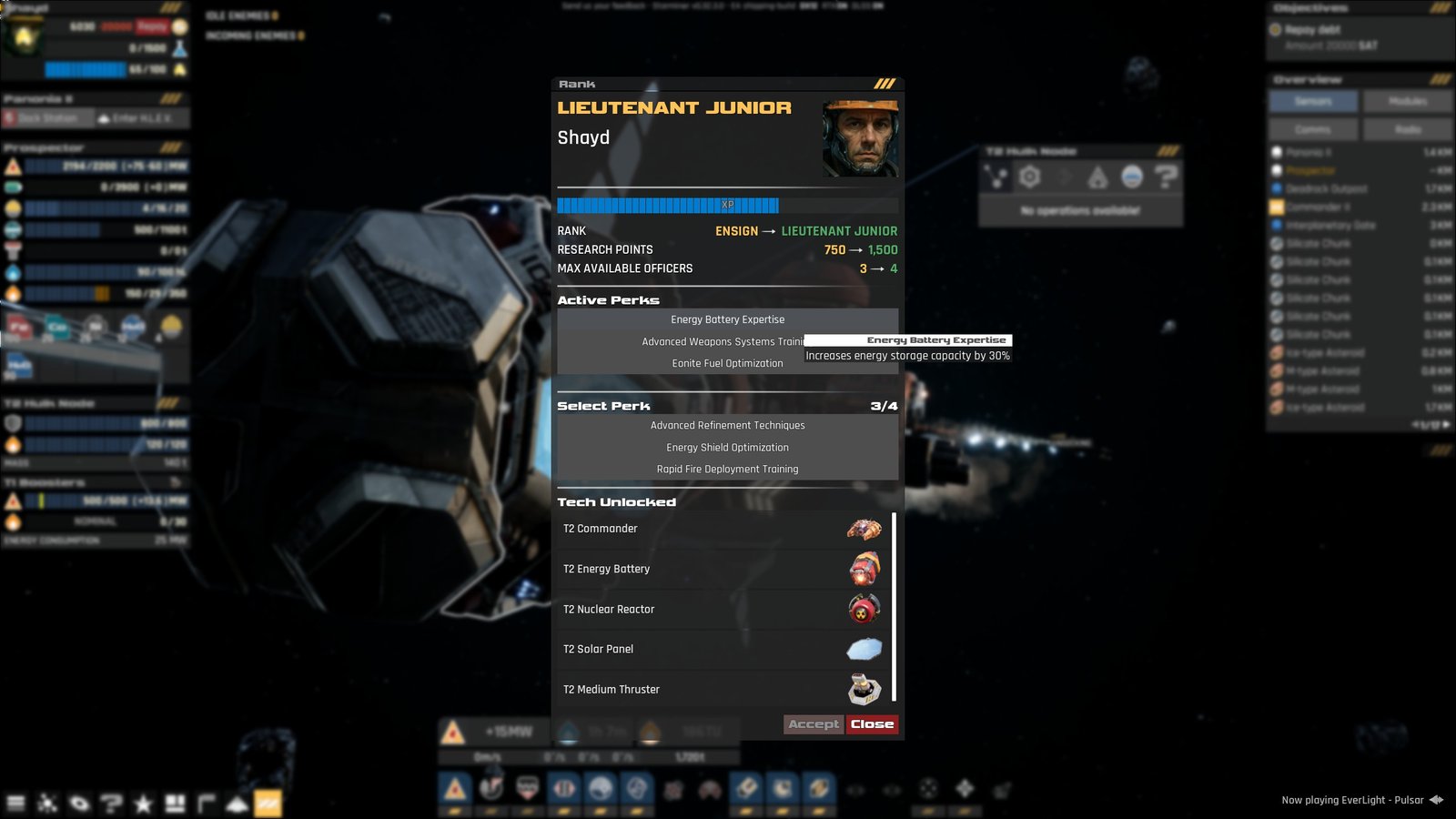 Menu showing a list of perks when levelling up, including ways to earn money quicker in Starminer.