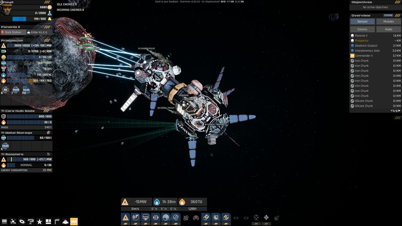 A spacecraft beaming multiple lazers at a rock to mine minerals in Starminer