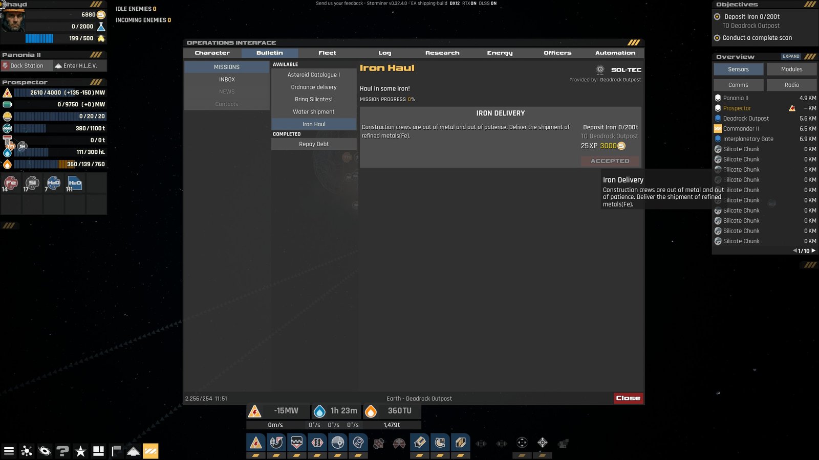 HUD showing a list of all available missions in the game Starminer