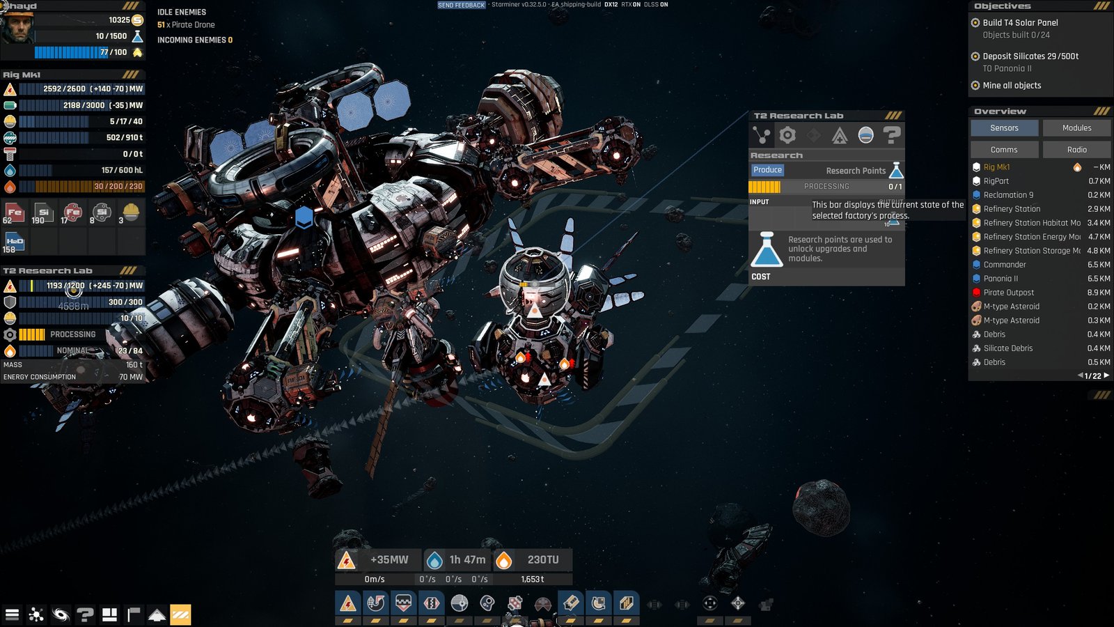 A ship and a station in Starminer with a HUD showing the ship generating research points.
