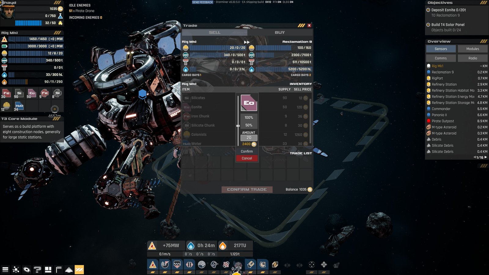 HUD showing resources being sold and bought in Starminer.