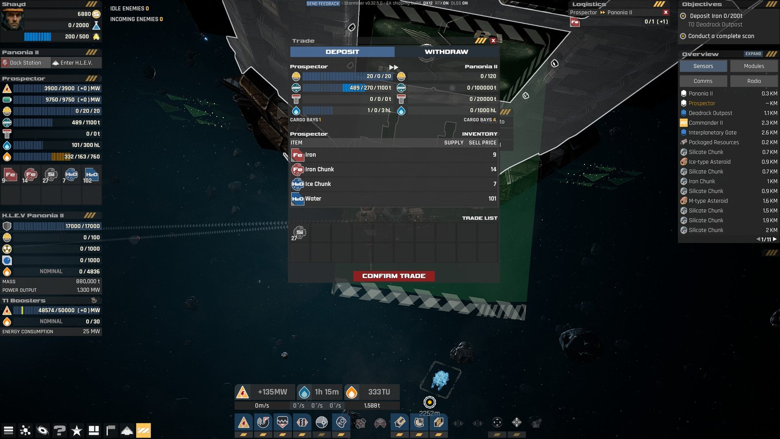 HUD showing trade items at a large space station in Starminer.