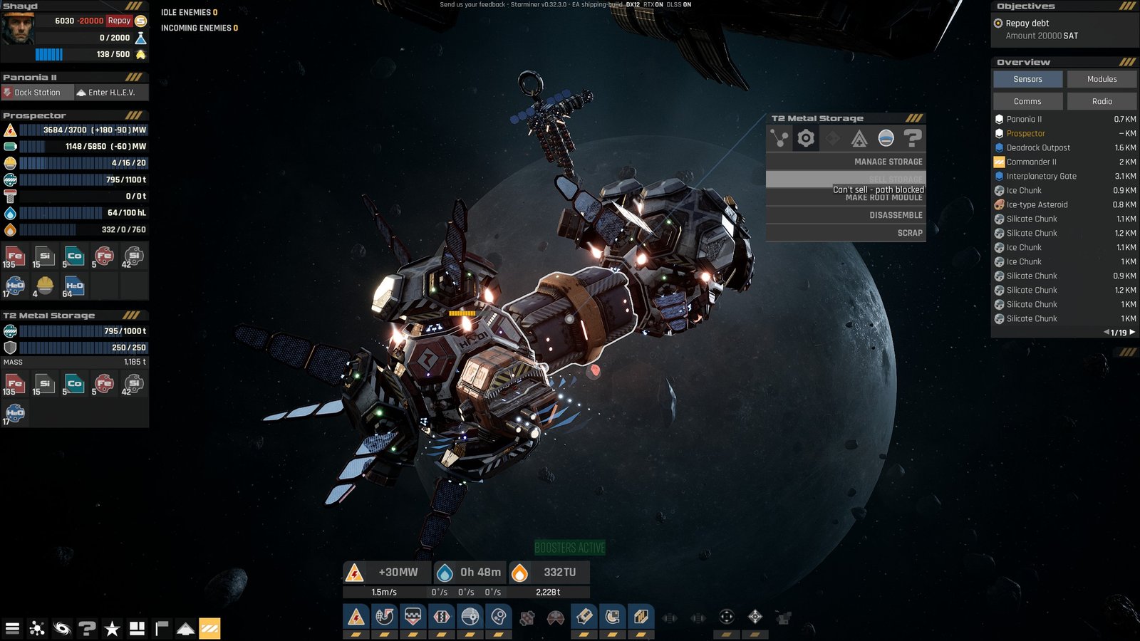 Spaceship in Starminer with the message "can't sell - path blocked"
