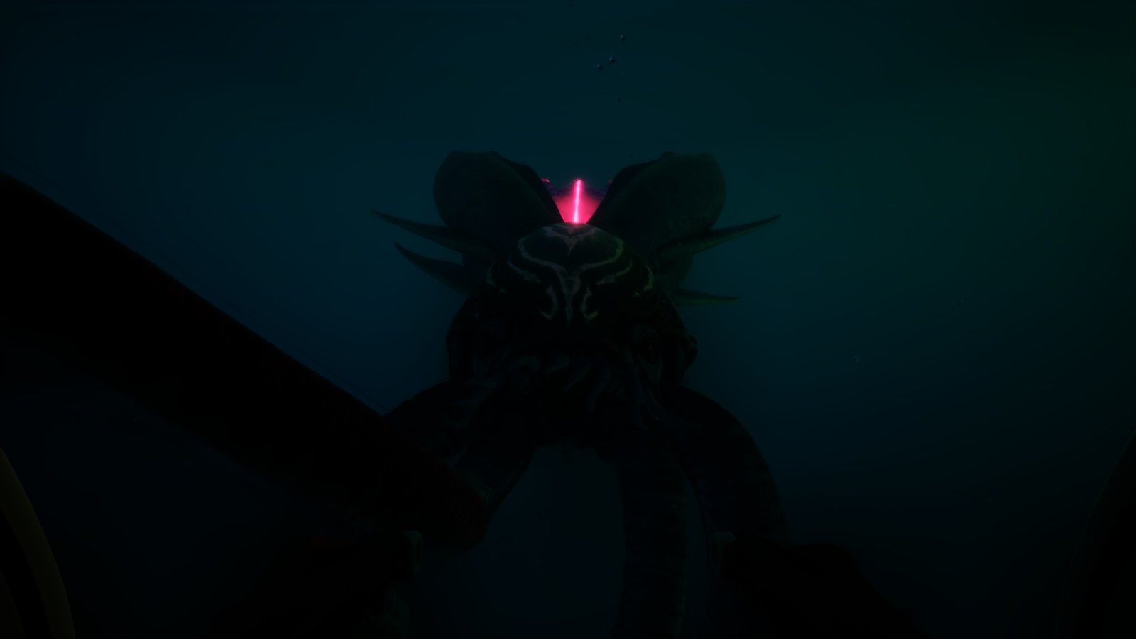 Close up of Subnautica 2’s Collector Leviathan in dark water at night