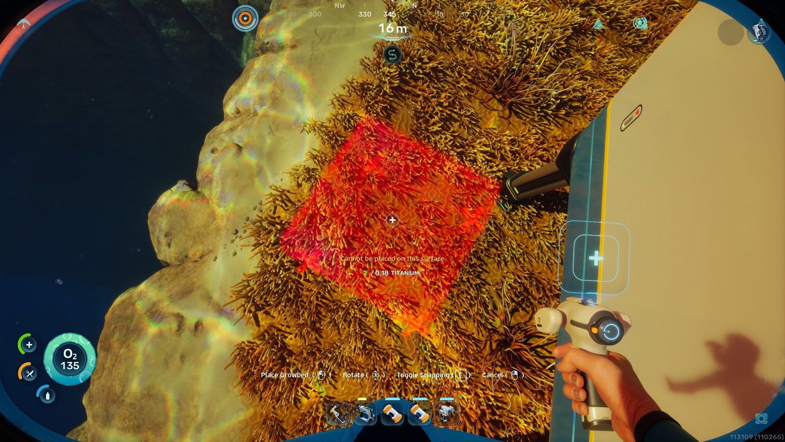 A red square showing a player that they are building a Growbed in the wrong place in Subnautica 2.
