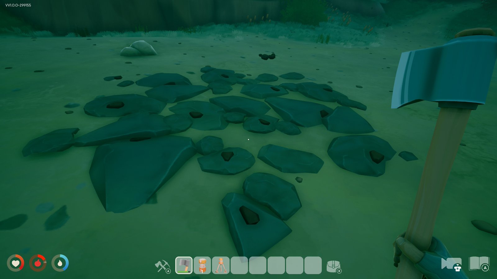 Dark patch of iron and rocks on the ground in Solarpunk