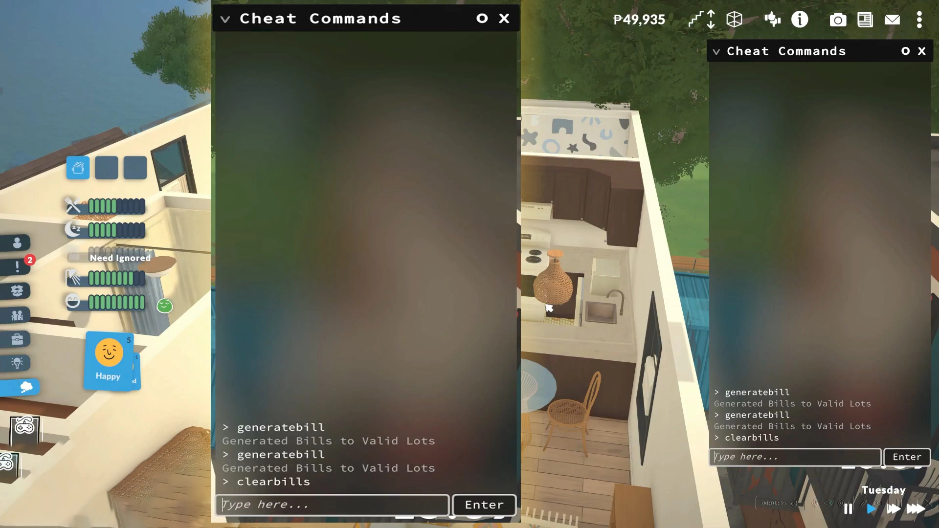 Paralives Bill Payment Cheat Command Screen