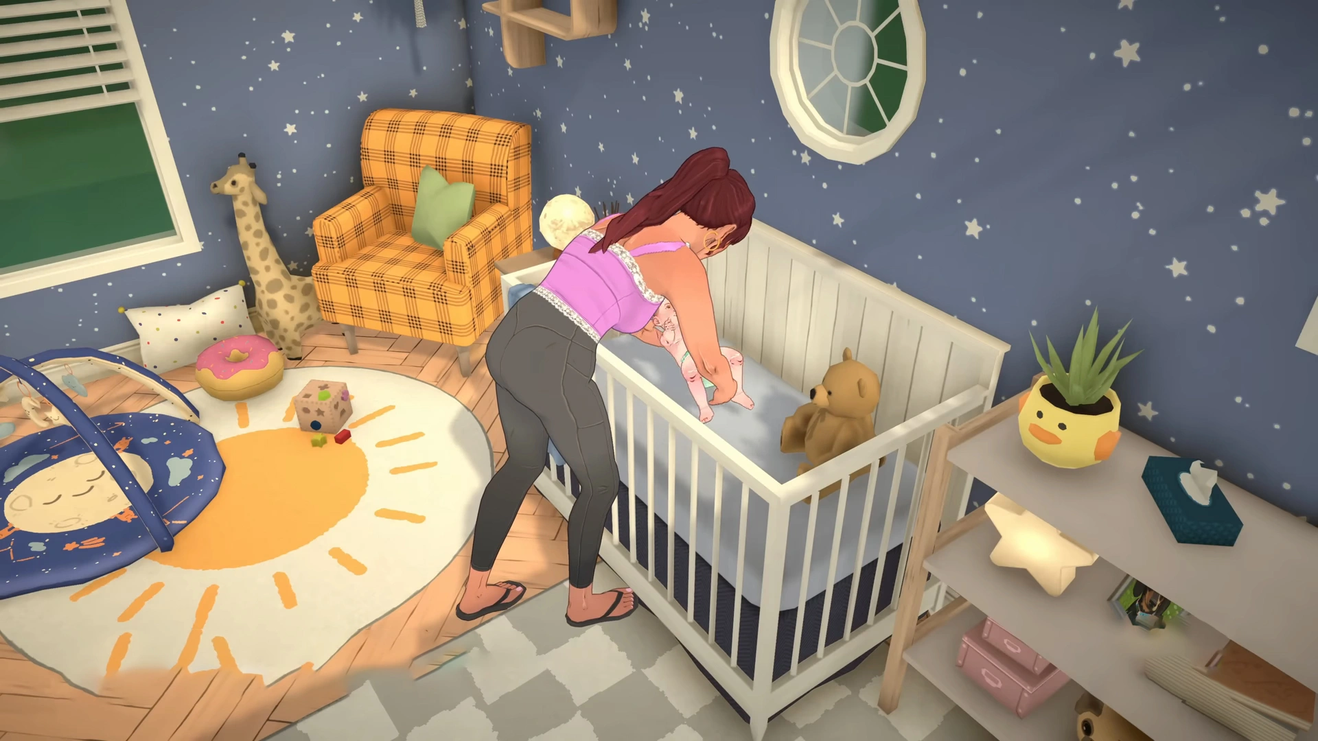 Paralives Woman putting baby in crib