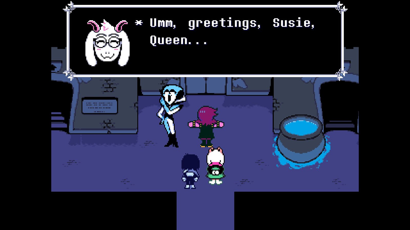 Kris and Ralsei about to help Susie prepare