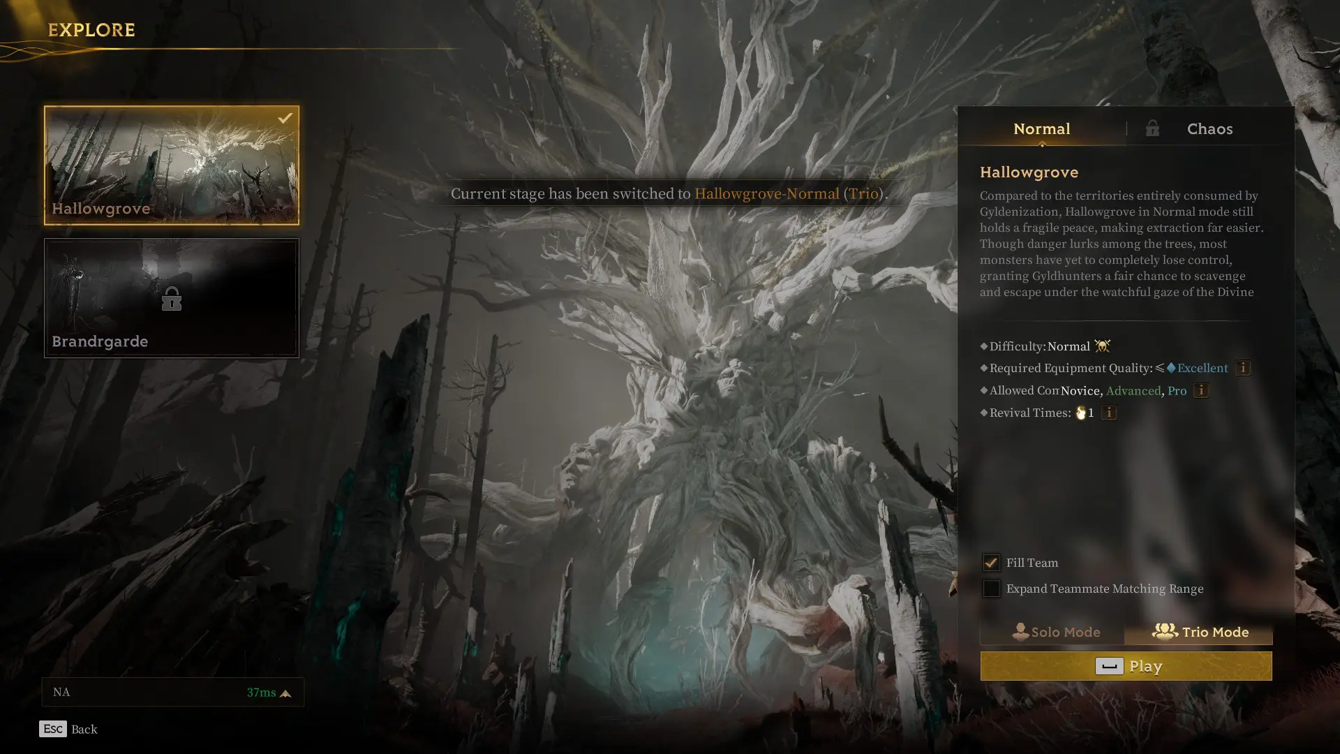 The trio mode toggle in Mistfall Hunter