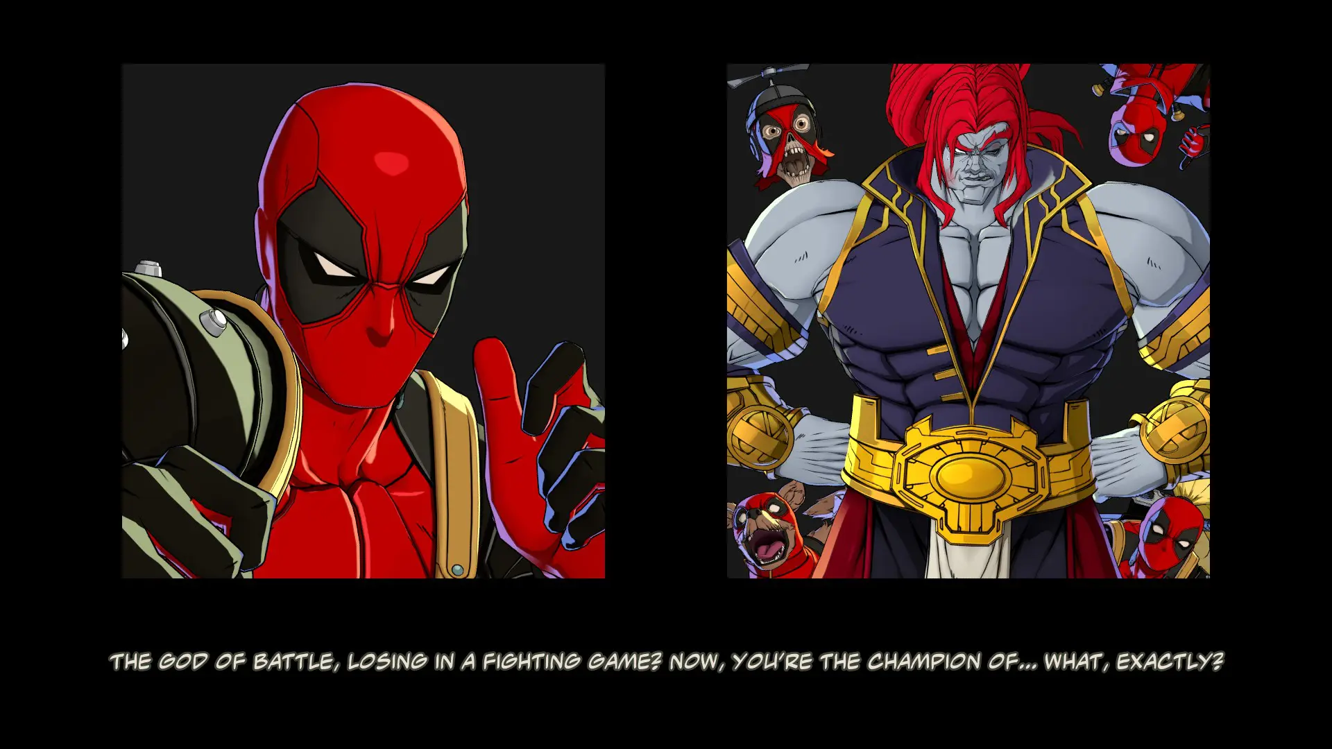 Deadpool making fun of Champion in Marvel Tokon