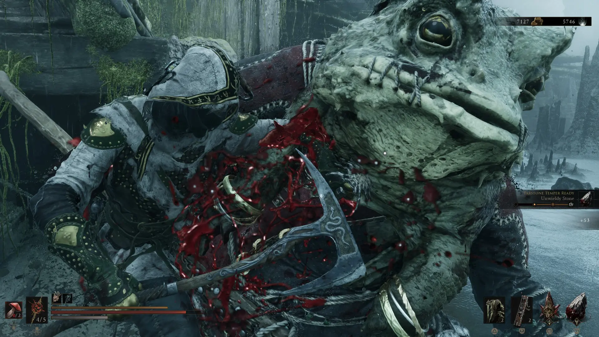 Tiel stabbing a frog enemy in Mortal Shell 2