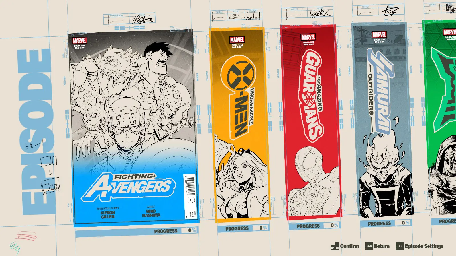 The Episode select screen in Marvel Tokon